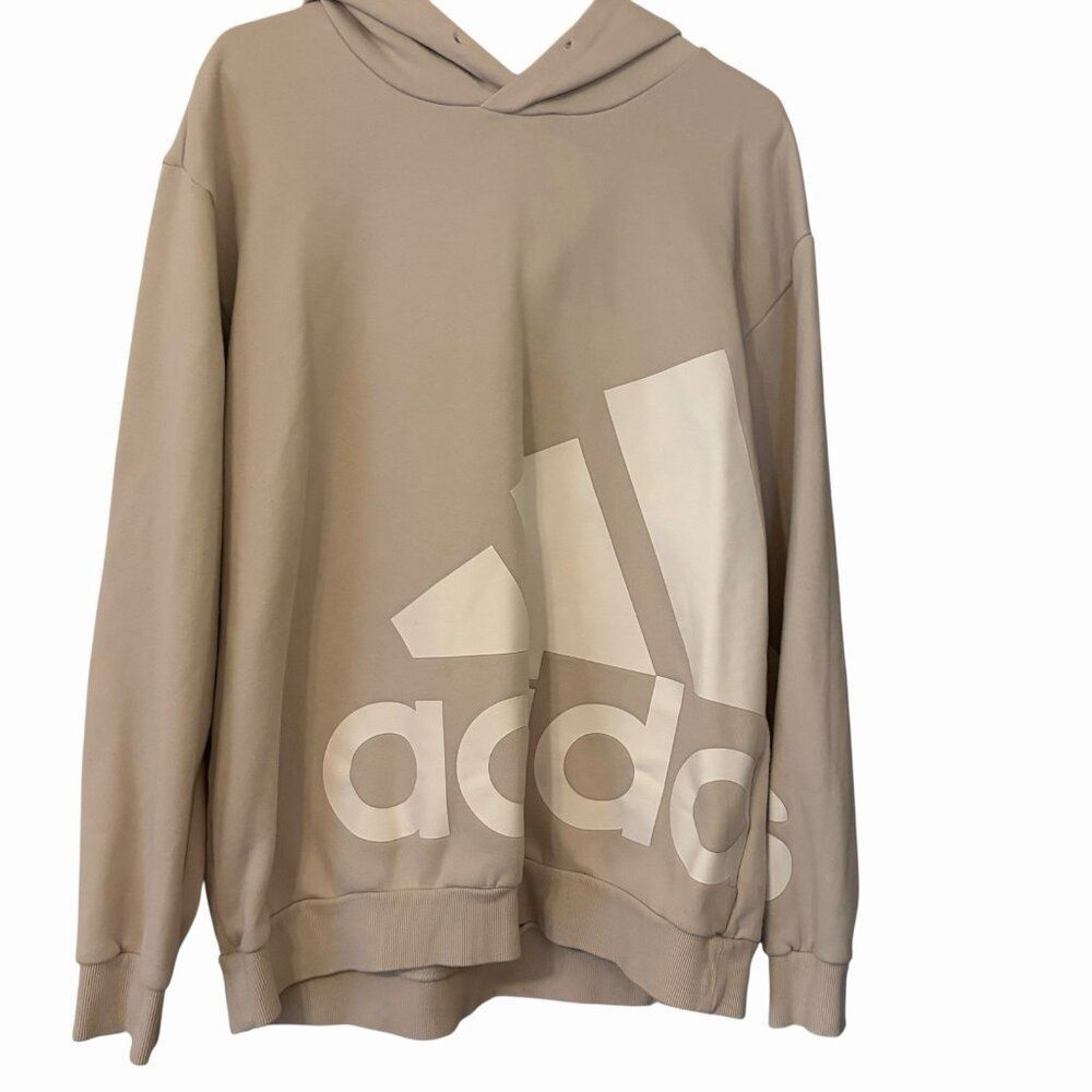 Adidas Hoodie Sweatshirt Drawstring Pullover Men's Size L Beige Spell Out Logo